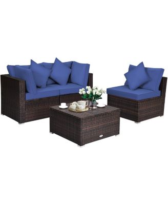 4 Pieces Ottoman Garden Patio Rattan Wicker Furniture Set with Cushion-Navy