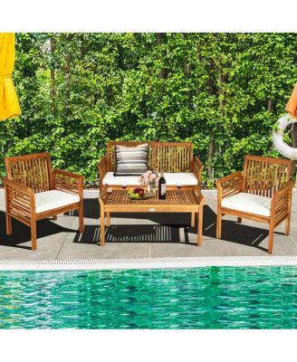 4 Pieces Outdoor Acacia Wood Sofa Furniture Set