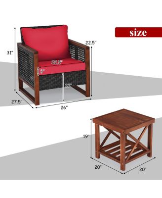 3 Pieces Acacia Wood Patio Furniture Set with Coffee Table-Red