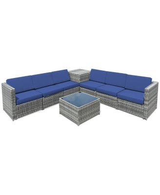 8 Piece Wicker Sofa Rattan Dinning Set Patio Furniture with Storage Table-Navy