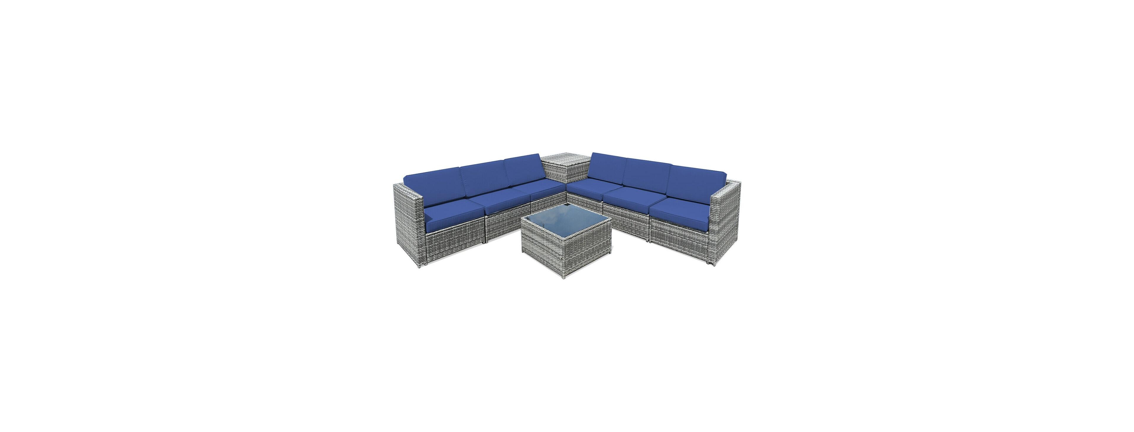 Sugift 8 Piece Wicker Sofa Rattan Dinning Set Patio Furniture with Storage Table-Navy