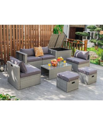 8 Pieces Patio Rattan Furniture Set with Storage Waterproof Cover and Cushion-Gray