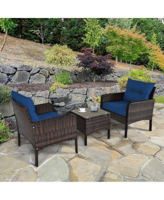 3 Pieces Outdoor Patio Rattan Conversation Set with Seat Cushions-Navy
