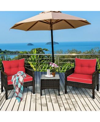 3 Pcs Outdoor Patio Rattan Conversation Set with Seat Cushions-Red