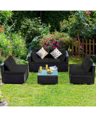 5 Pieces Cushioned Patio Rattan Furniture Set with Glass Table-Black