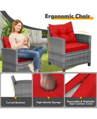 3 Pieces Outdoor Wicker Conversation Set with Tempered Glass Tabletop-Red