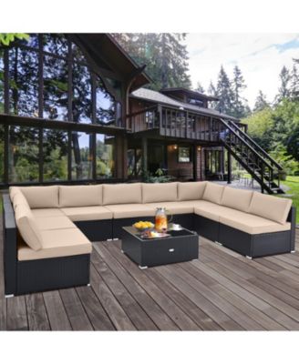 10 Piece Outdoor Wicker Conversation Set with Seat and Back Cushions-Beige