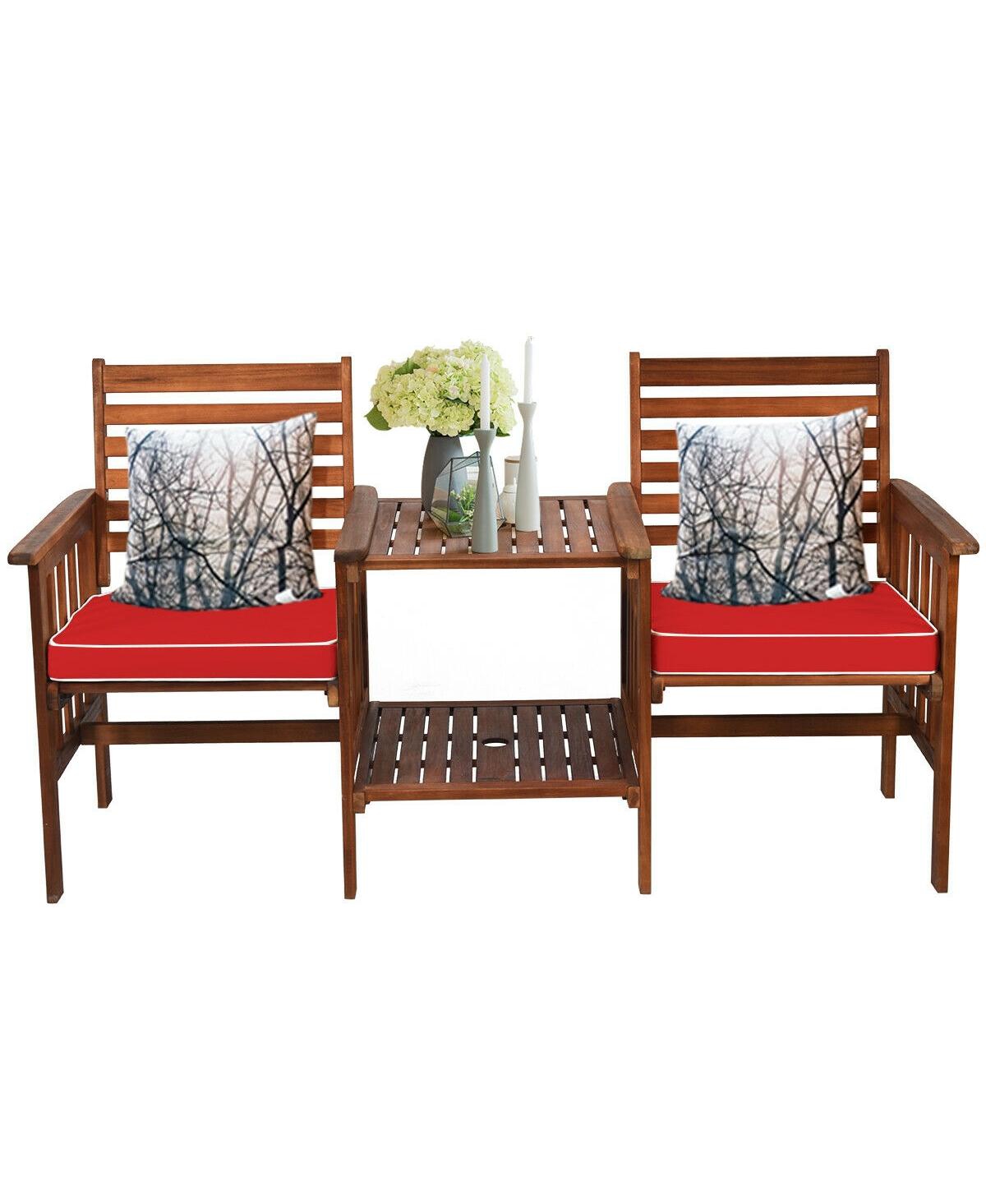 Sugift 3 pcs Outdoor Patio Table Chairs Set Acacia Wood Loveseat- Red