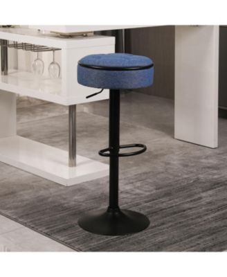 Round Storage Bar Stool Set of 2, Blue Linen Height Adjustable Barstool, 360Counter Height Swivel Stool, Armless Bar Chair with Metal Frame for Kitchen Counter Dining Living Room