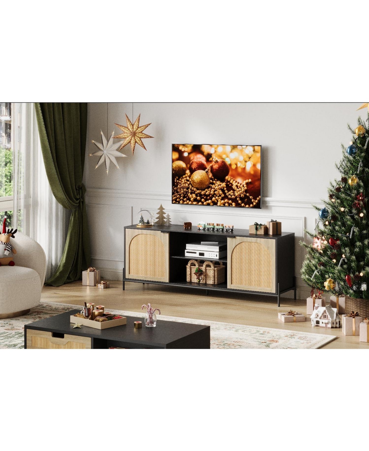 gaomon Tv Stand for Tv, Entainment Center with Storage Cabinets, Rattan Tv Console with Adjustable Shelf