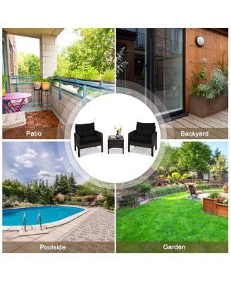 3 Pcs Outdoor Patio Rattan Conversation Set with Seat Cushions-Black