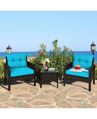 3 Pcs Outdoor Patio Rattan Conversation Set with Seat Cushions-Turquoise