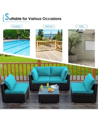 5 Pieces Cushioned Patio Rattan Furniture Set with Glass Table-Turquoise