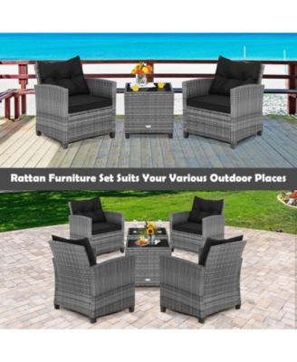 3 Pieces Outdoor Wicker Conversation Set with Tempered Glass Tabletop-Black