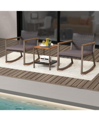 3 Pieces Rattan Rocking Bistro Set with Coffee Table and Cushions-Gray