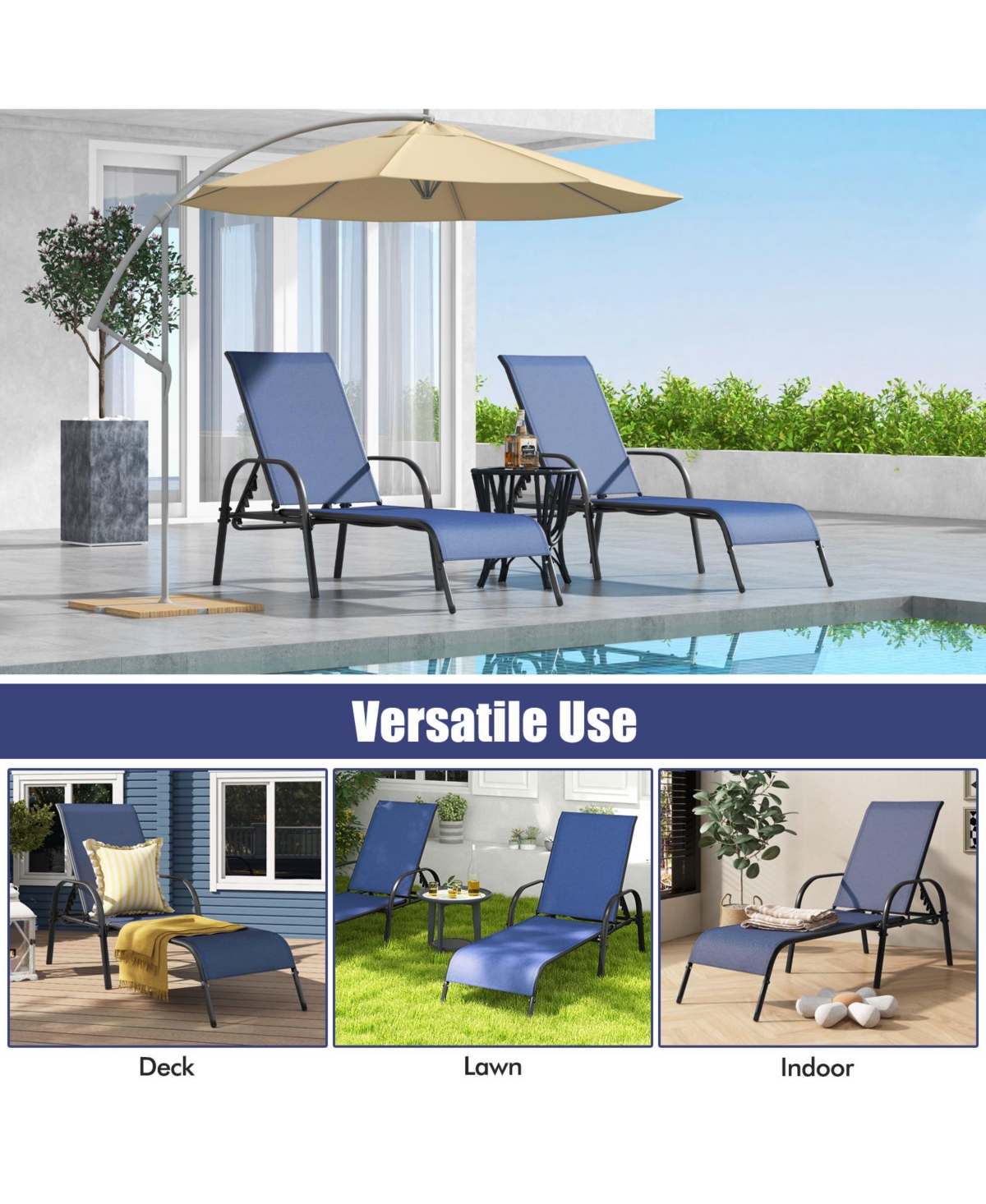 Sugift Adjustable Patio Chaise Folding Lounge Chair with Backrest-Navy