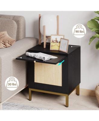 Rattan End Table - Set of 1, Wood Nightstand with Storage Shelf