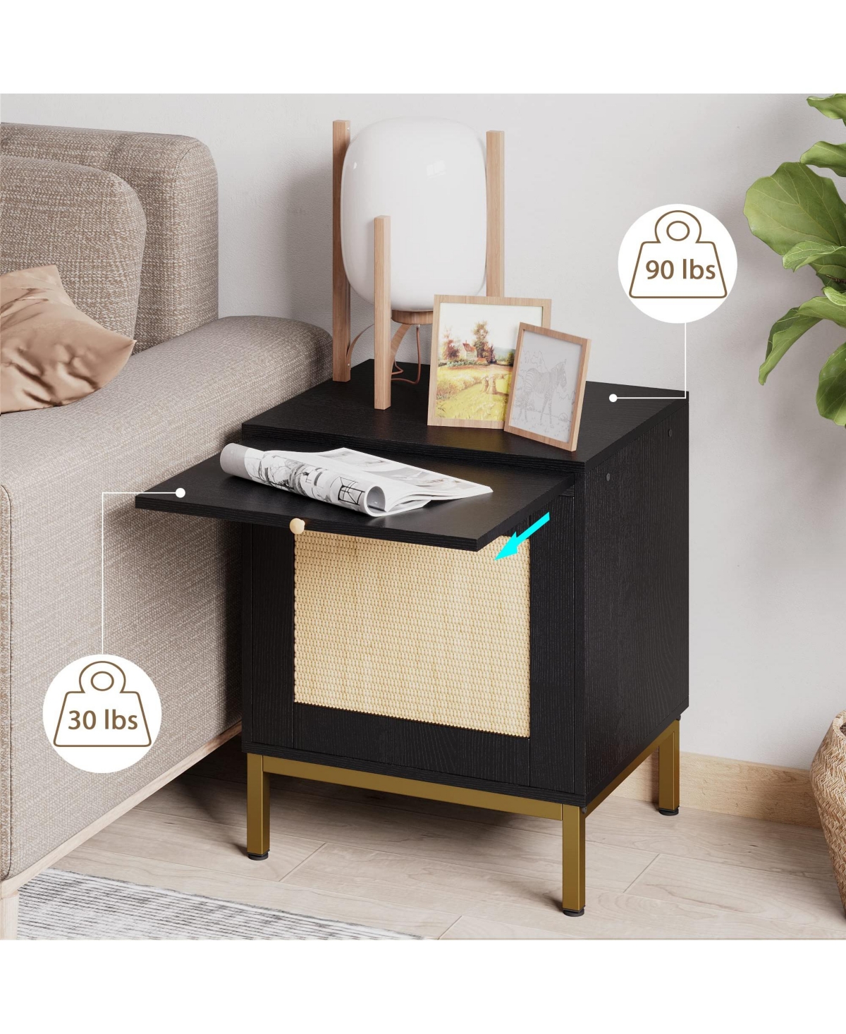 gaomon Rattan End Table - Set of 1, Wood Nightstand with Storage Shelf