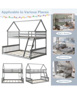 Twin Over Full House Bunk Bed with Ladder and Guardrails-Gray