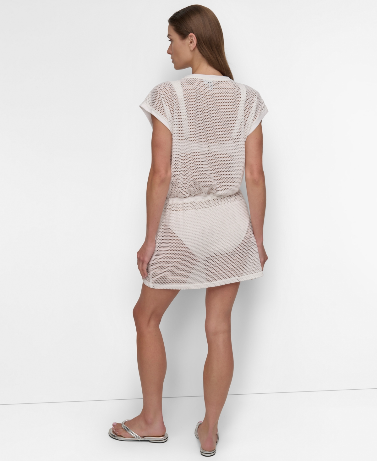 Shop Dkny Women's Mesh Drawstring Tunic Swim Cover-up In Soft White