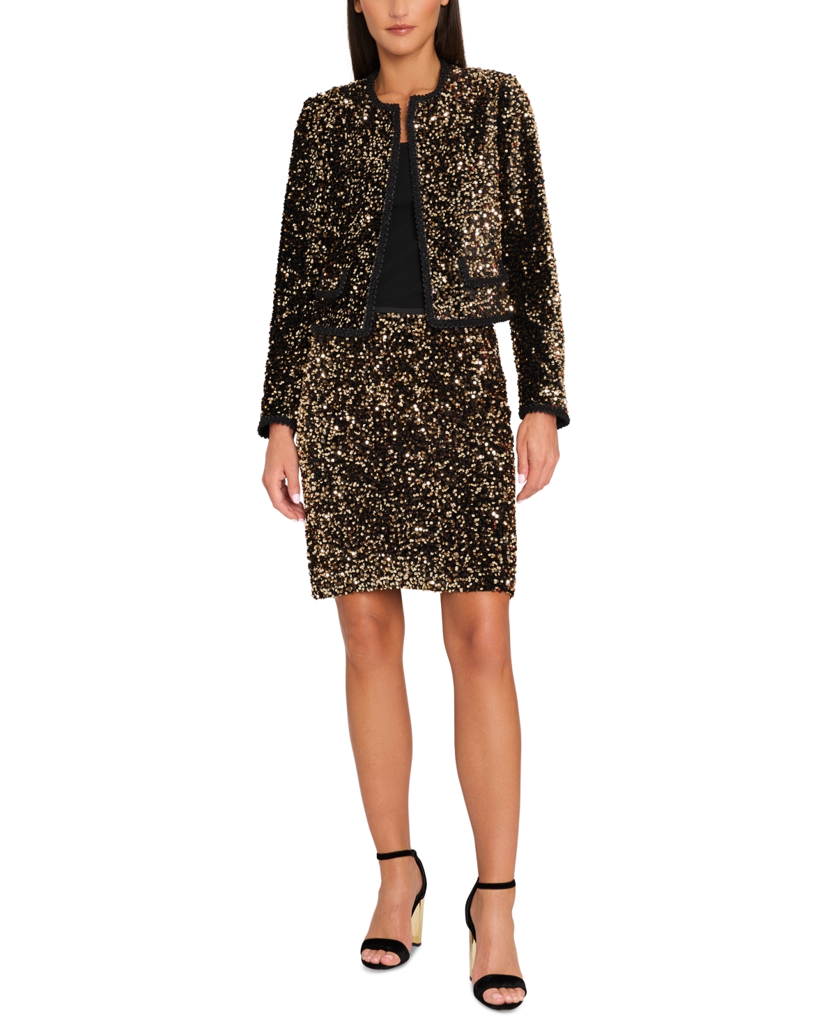 Shop Tahari Asl Women's Sequin Hook-and-eye Blazer In Gold,black