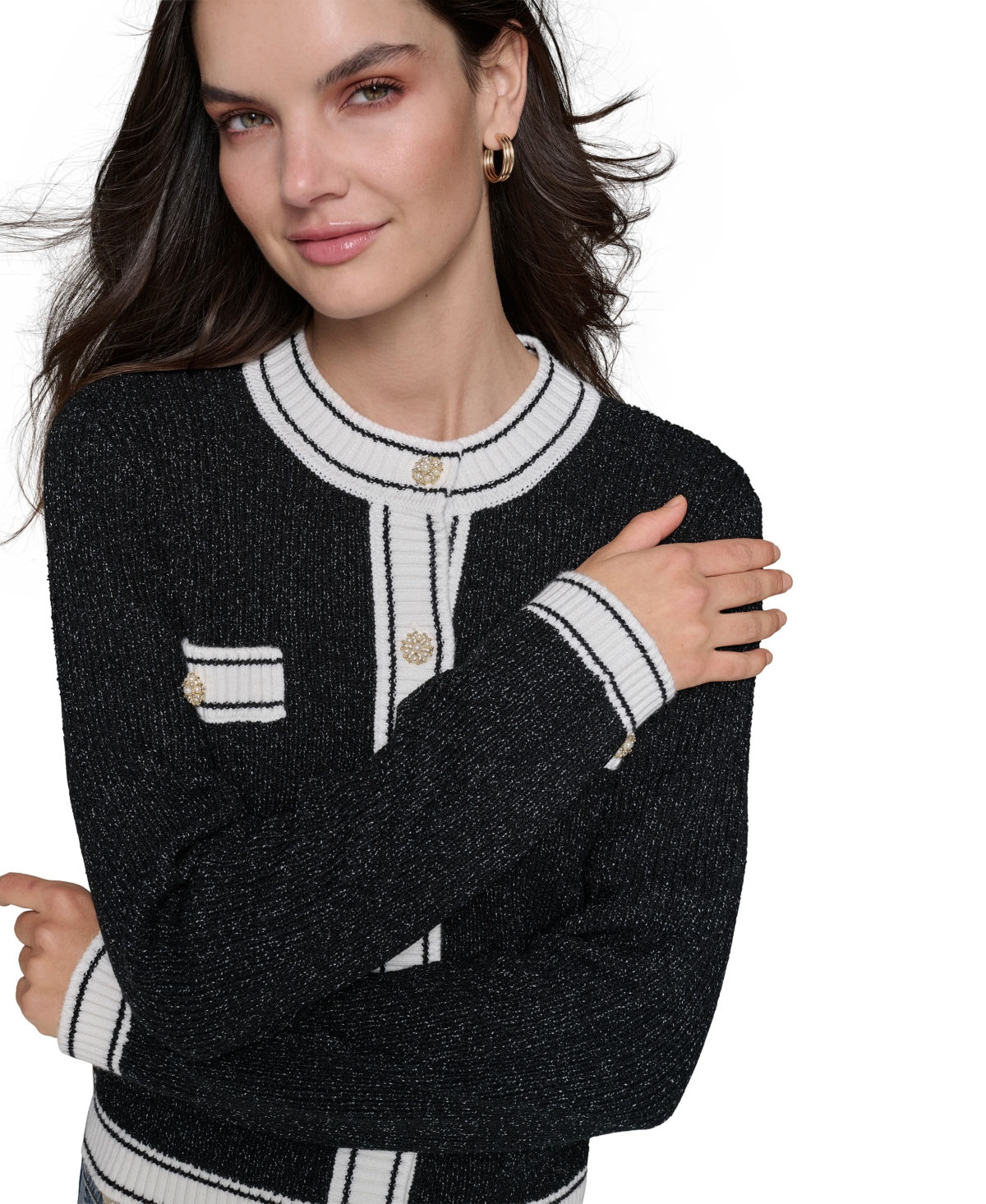 Karl Lagerfeld Paris Women's 4-Pocket Embellished Cardigan -Soft White