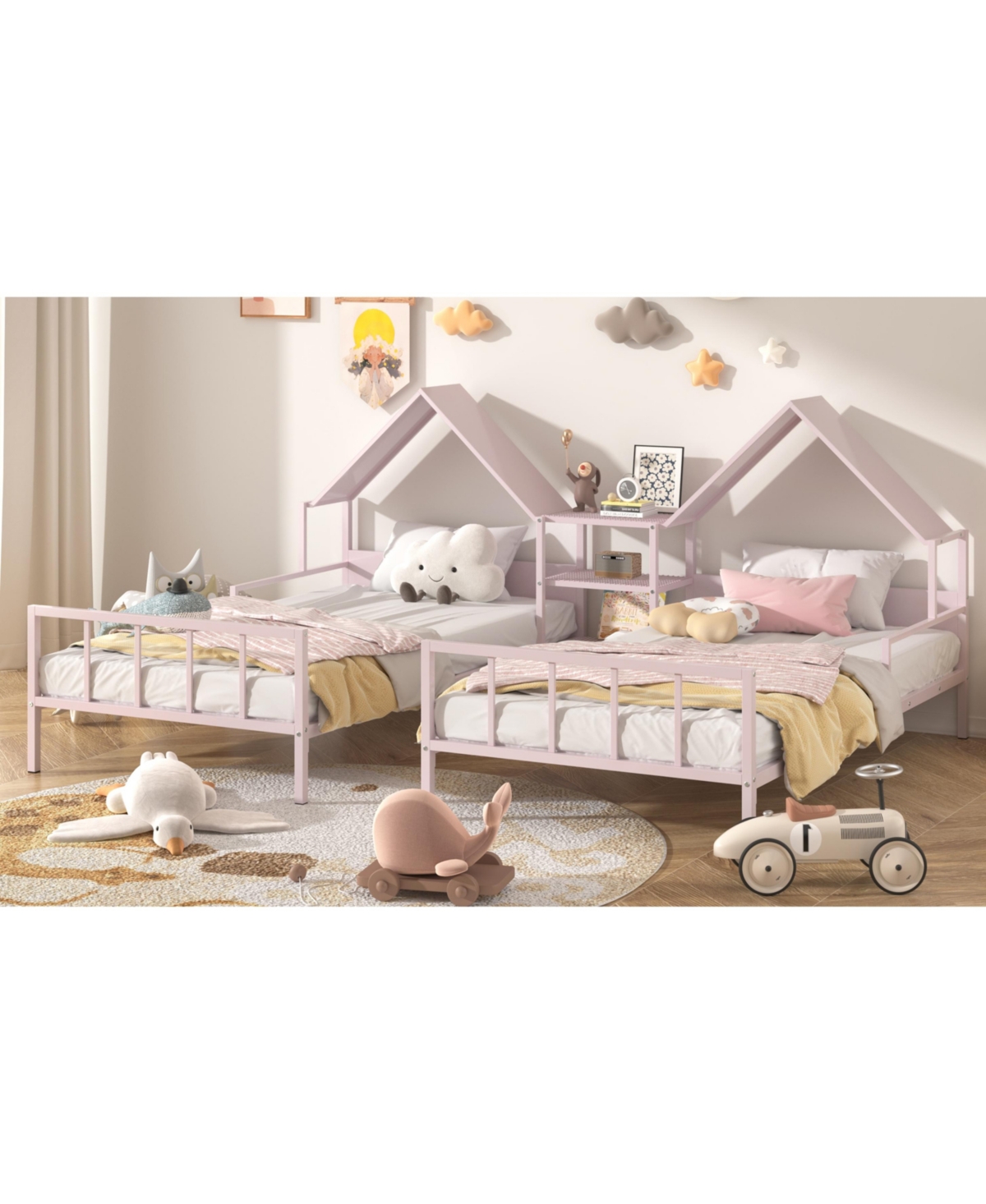 Slickblue Double Twin Size Platform Bed with House-Shaped Headboard & Built-In Nightstand Stylish & Functional