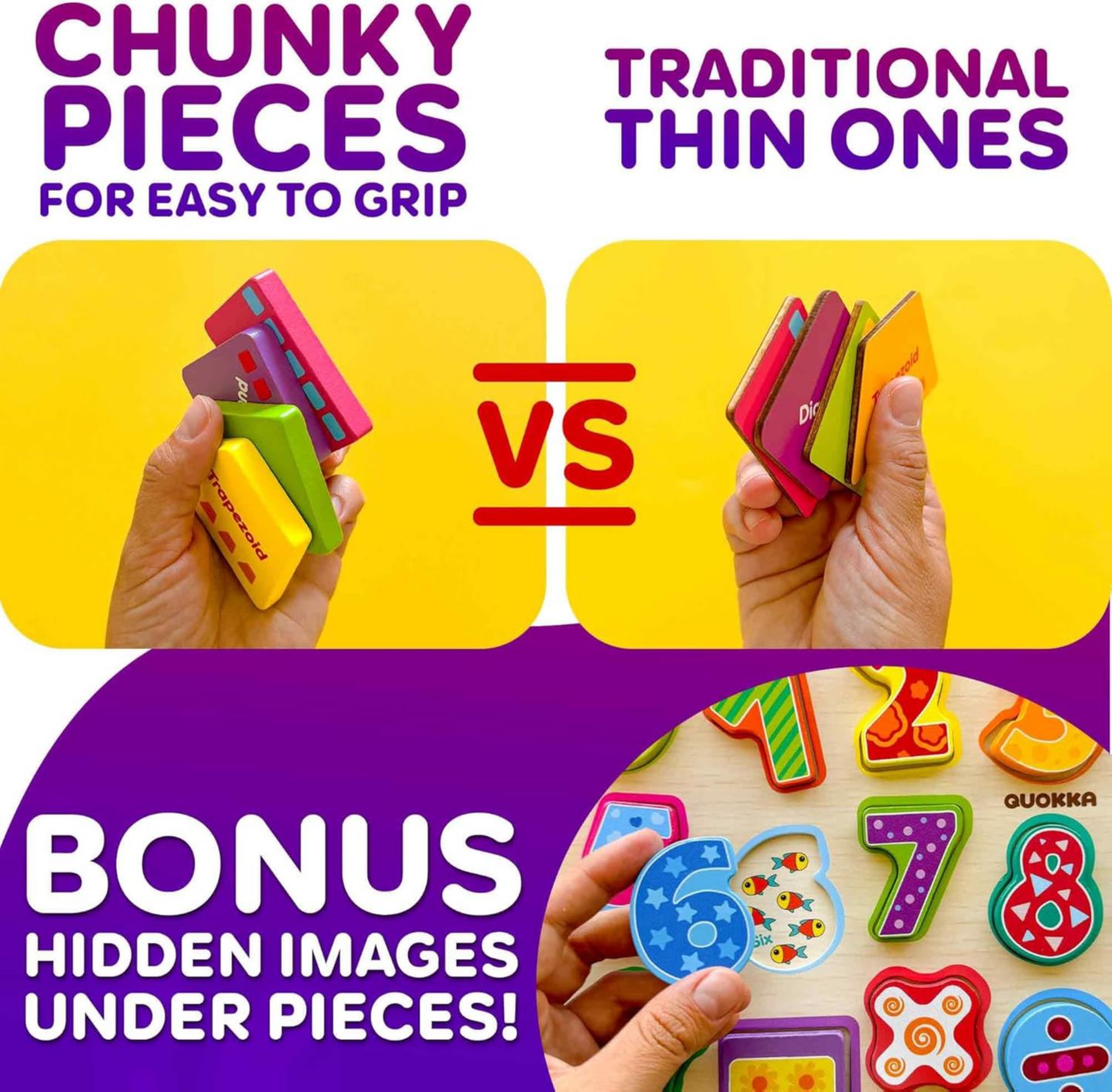 Детские пазлы Quokka Chunky Wooden Puzzles, 3-Piece Set, от 1 года, цвет: Assorted Pre-Pack (See Table 9 — фото 5