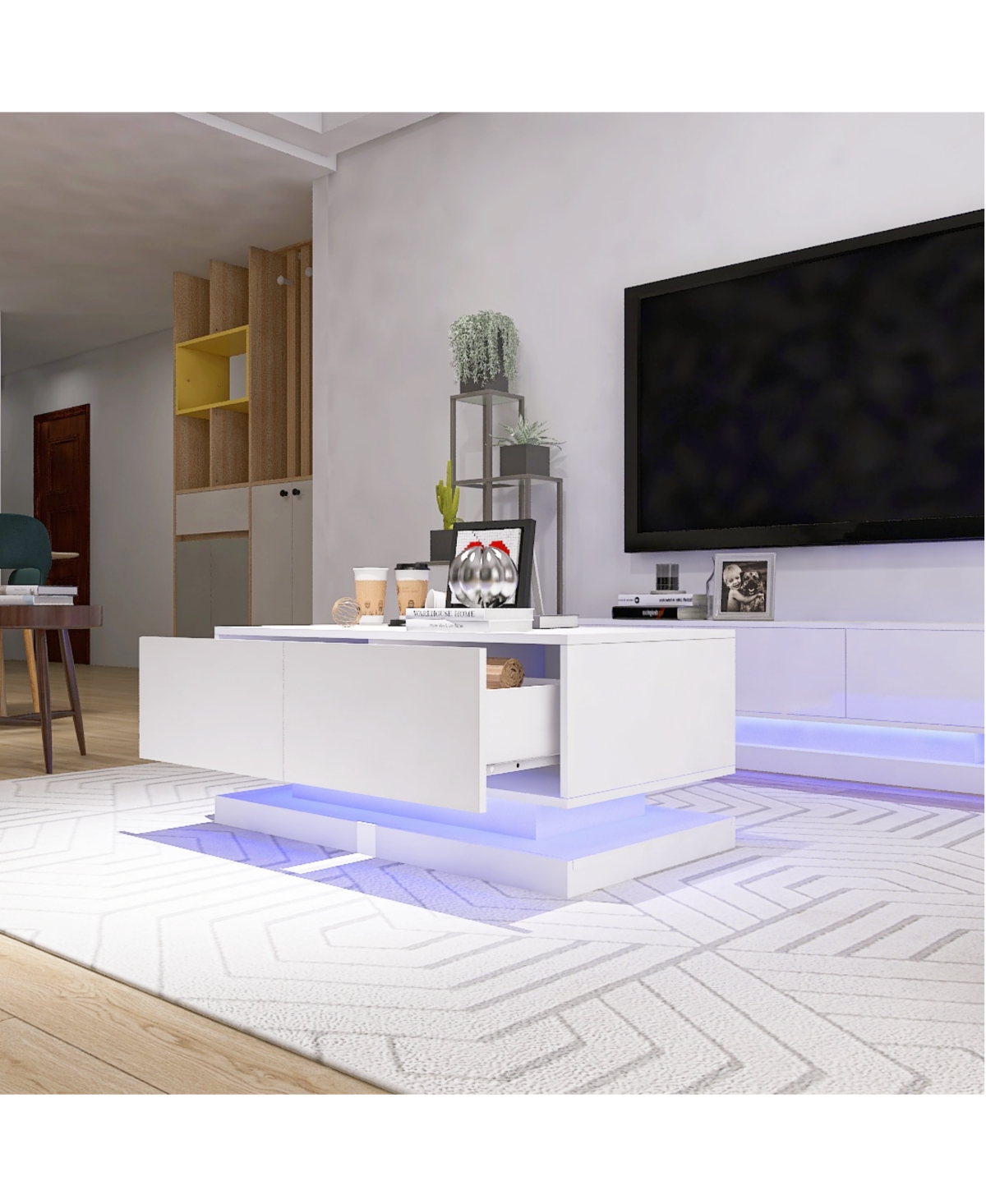 Slickblue High Gloss Coffee Table with 2 Drawers and Rgb Led Lights, Bluetooth Control for Modern Living Room