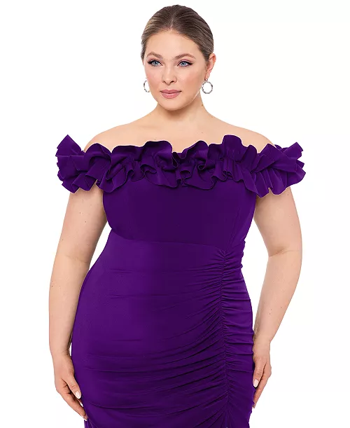 plus size ruffled off-the-shoulder long sheath dress