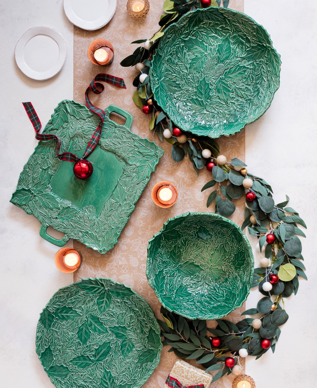 Vietri Lastra Holiday Green Figural Shallow Bowl