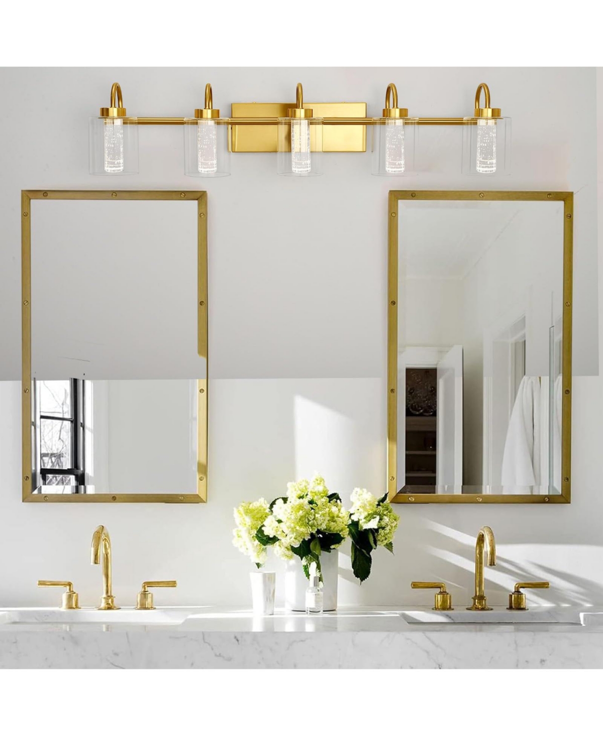 gaomon 5 Light BrushedBathroom Light Fixtures, Vanity Lights Crystal Bubble Glass Dimmable 3 Color - Gold