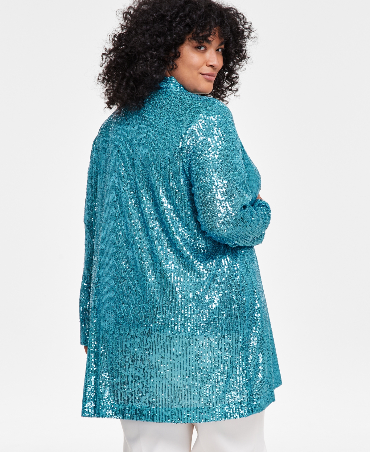 Shop Anne Klein Plus Size Sequined Draped-front Cardigan Jacket In Pool Blue