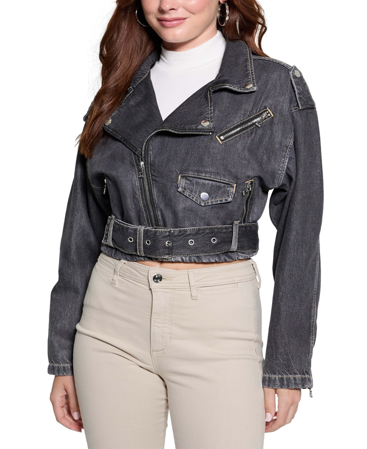 Shop Guess Women's Cropped Belted-hem Denim Moto Sandy Jacket In Tokyo Black