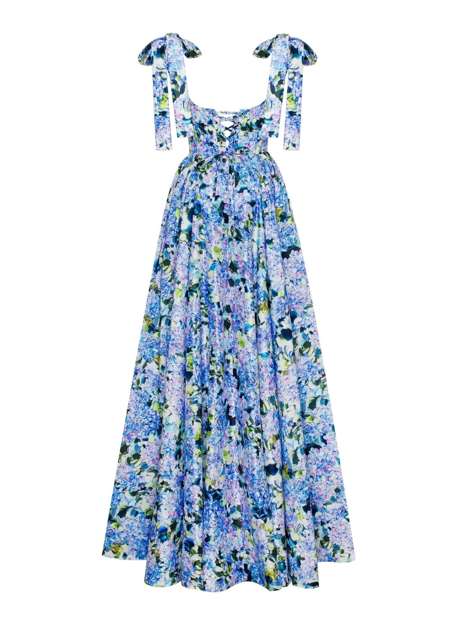 Womens Blue Hydrangea Strapped Maxi Dress