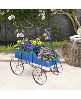 Wooden Wagon Plant Bed with Metal Wheels for Garden Yard Patio