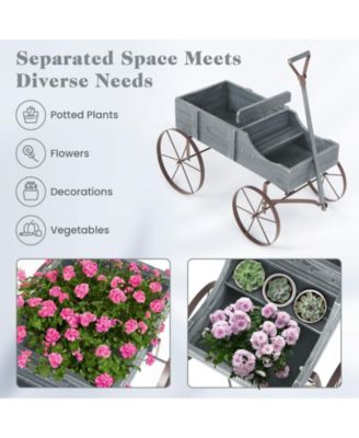 Wooden Wagon Plant Bed with Metal Wheels for Garden Yard Patio-Gray