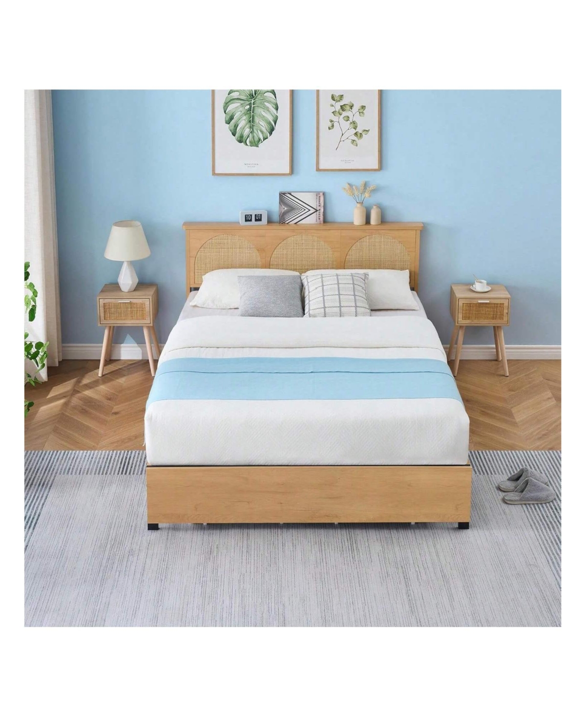 gaomon Queen Size Bed Frame With Natural Rattan Headboard, With Natural Rattan Headboard And 2 Storage Drawers, With Led And Metal Platform ,Boho Cane