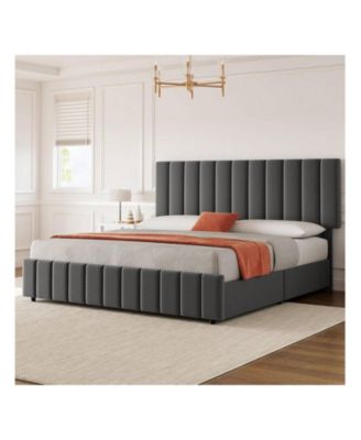 Bed Frame With 4 Storage Drawers And Adjustable Headboard, Linen Upholstered Platform Bed Frame With Wooden Slats Support, No Box Spring Needed