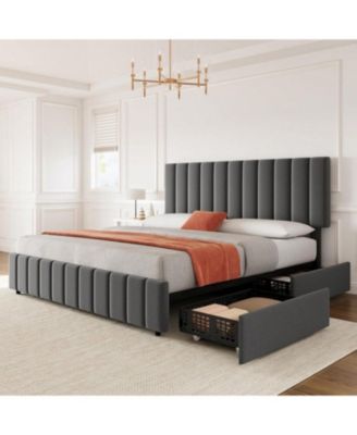 Bed Frame With 4 Storage Drawers And Adjustable Headboard, Linen Upholstered Platform Bed Frame With Wooden Slats Support, No Box Spring Needed
