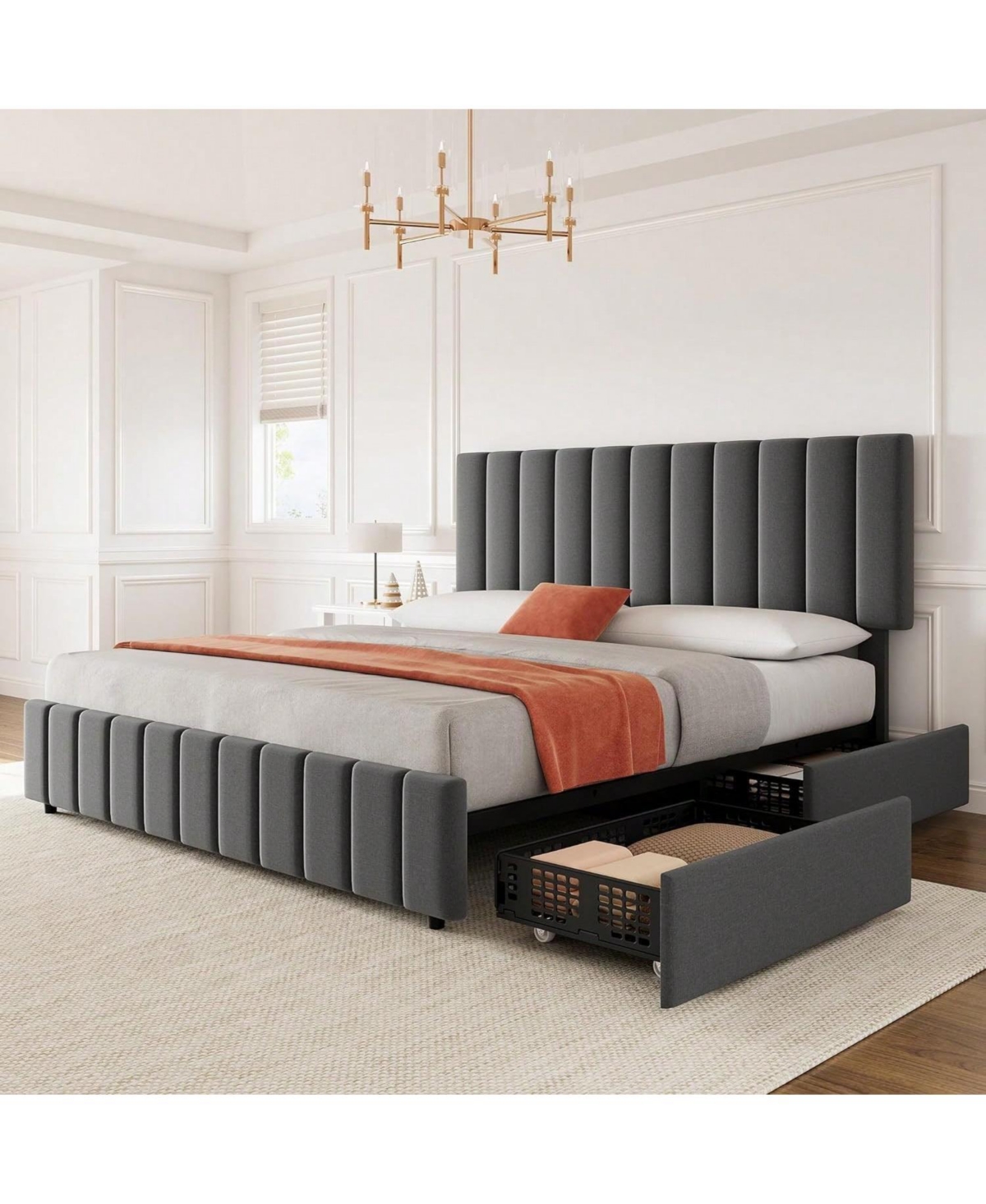 gaomon Bed Frame With 4 Storage Drawers And Adjustable Headboard, Linen Upholstered Platform Bed Frame With Wooden Slats Support