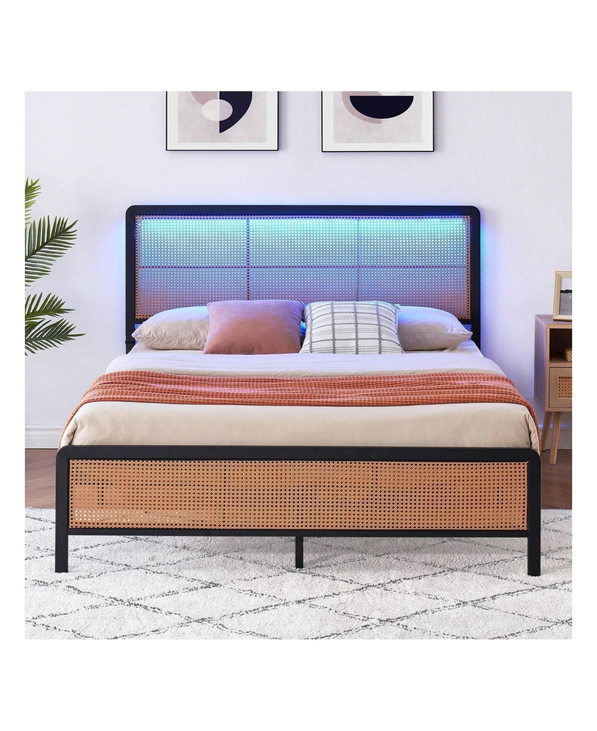 gaomon Rattan Bed Frame With Headboard And Footboard, Heavy Duty Metal Platform Bed Frame With Storage, Easy Assembly, No Box Spring Needed, Mattress