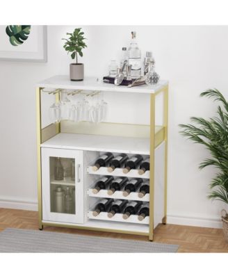 Wine Bar Cabinet with Detachable Wine Rack, Bar Rack Cabinet with Glass Holder and 1 Drawer, Mesh Door, Small Sideboard