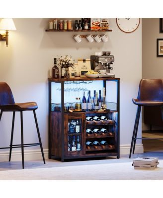 3-Tier Wine Bar Cabinet with LED Lights, Detachable Wine Rack and Storage Space,Retro