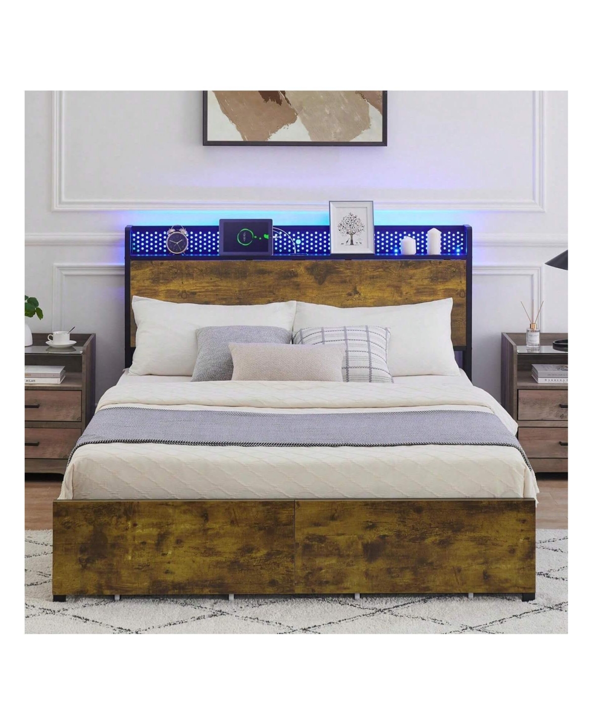 gaomon Platform Bed Frame With Storage Headboard And 6 Storage Drawers,Led Bed Frame With Socket And Usb Port,Batten Bracing,No Spring Box Neede