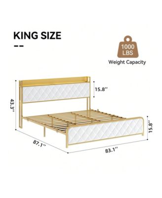 Full/Queen/King Size Bed Frame, Storage Headboard With Charging Station, Platform Bed With Velvet Backrest, No Box Spring Needed, Easy Assembly
