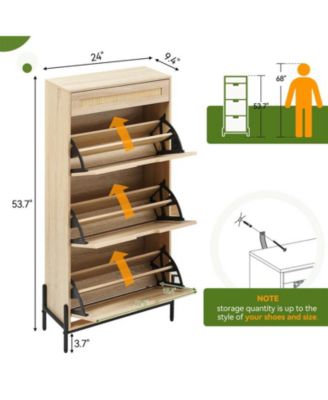 Natural Rattan 3 Flip Door Shoe Cabinet, Modern Shoe Rack Storage Organizer with Drawer and 3-Tier Adjustable Shelves, Freestanding Shoe Cabinet Organizer for Entryway, Oak