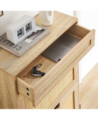 Natural Rattan 3 Flip Door Shoe Cabinet, Modern Shoe Rack Storage Organizer with Drawer and 3-Tier Adjustable Shelves, Freestanding Shoe Cabinet Organizer for Entryway, Oak