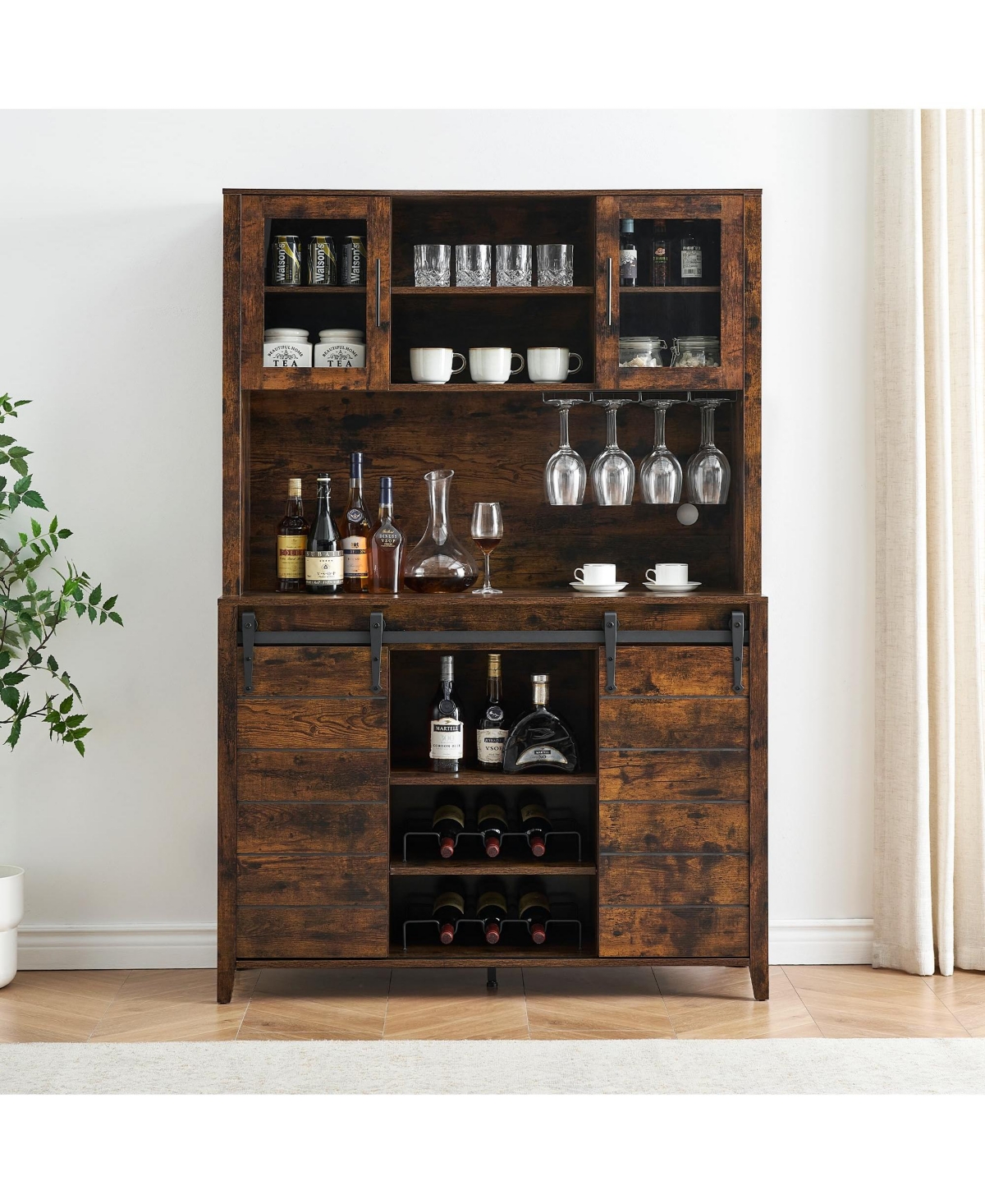 gaomon 70" Farmhouse Coffee Bar Wine Cabinet with Sliding Barn Doors and Storage