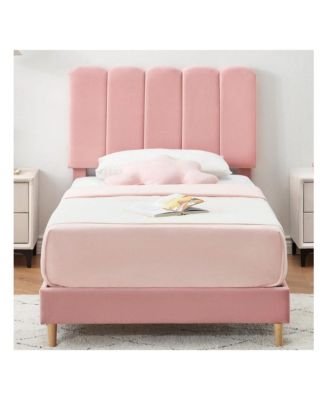 Twin Bed Frame For Girls, Twin Size Velvet Upholstered Bed Frame With Headboard, No Box Spring Needed, Wooden Slats Support, Easy Assembly